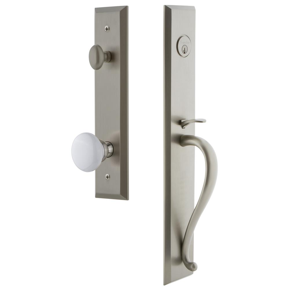 Grandeur by Nostalgic Warehouse FAVSGRHYD Fifth Avenue One-Piece Handleset with S Grip and Hyde Park Knob in Satin Nickel